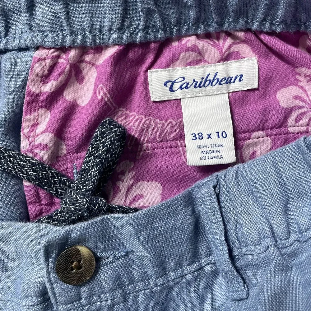 Caribbean 100% Linen Flat Front Bermuda Shorts Blue Men's Size 38x10-(dmp)